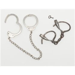 Antique Marlin brand “bottleneck” handcuffs with  key plus a pair of leg irons (no key); Marlin  cuf