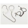 Image 1 : Antique Marlin brand “bottleneck” handcuffs with  key plus a pair of leg irons (no key); Marlin  cuf
