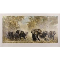 Large color print of elephants by noted wildlife  artist David Shepherd, approx. 23” x 28” entitled