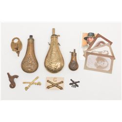 Bonanza lot consisting of reproduction piece  flask, Eagle flask, shotgun flask, brass lock by  Terr