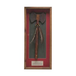 American Indian style double headed metal war axe  beautifully framed and matted in wood display cas