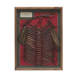 American Indian style breast plate beautifully  framed and matted in wood display case, with three