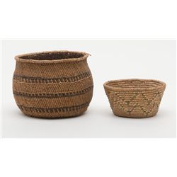 Two woven American Indian baskets; California  Mission Indian style; one is approx. 7” in  diameter