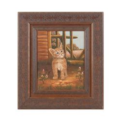 Beautifully framed oil painting on canvas of a  kitten in a garden setting, approx. 16” x 14”  overa