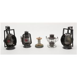Lot of 4 old Railroad lanterns and a partial roll  of printing string.  Est.:  $100-$200.