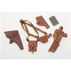 Lot of 3 leather holsters, a Browning Chinese  carrier and a K98 cleaning Kit.  Est.:  $100-$200.