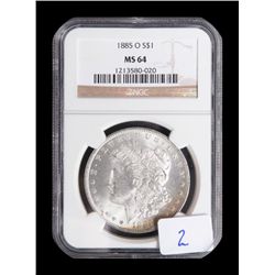 U.S. Morgan Silver Dollar, dated 1885-O, NGC  Graded MS 64.  Est.:  $80-$160.