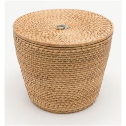 Colorful Chinese porcelain tea pot in insulated  woven basket tea caddy, both in very good  conditio