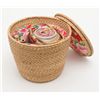Image 2 : Colorful Chinese porcelain tea pot in insulated  woven basket tea caddy, both in very good  conditio