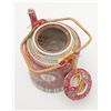Image 7 : Colorful Chinese porcelain tea pot in insulated  woven basket tea caddy, both in very good  conditio