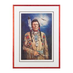 Framed and matted hand signed color print of Iron  Eyes Cody by John Steele, approx. 26” x 19” in  f