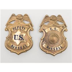 Lot of two badges, one a U. S. Marshal shield type  badge with spread eagle at top and wreath  encir