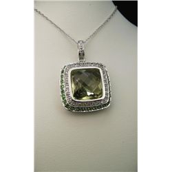 Stylish Square Green Quartz, Fine Green Tourmaline  and Diamond Pendant set with checkerboard cut  g