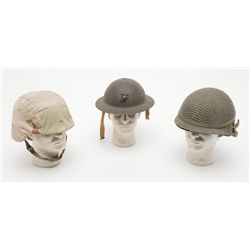 Lot of 3 U.S. helmets, 2 with covers, all 3 with  liners; 1 Marine Corps. from WWI-WWII.   Est.:   $