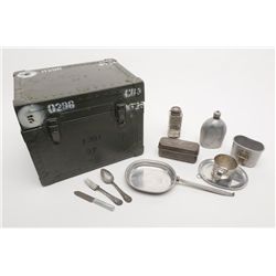 Military cook’s field mess kit in metal box with extra utensils in ...
