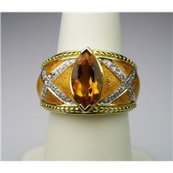 Dramatic Citrine and Diamond Ring with Enameling  Citrine weight approx. 3.00 carats with 32 round