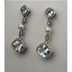 Lovely Pair of Vintage Style Aquamarine, Pearl and  Diamond Dangle Earrings with combined weight of