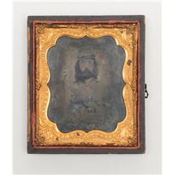 Civil War era image in half case of a soldier  holding a percussion rifle with a revolver and a  kni