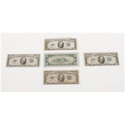 Lot of 5 1934 Series U.S. $10 Silver Certificates,  various conditions.   Est.:  $75-$150.