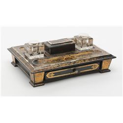 Interesting lacquer and Pearl shell inlaid inkwell  and pen stand with drawer probably Japanese or