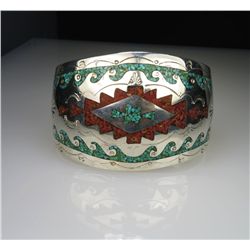 Stunning Native American Inlayed Turquoise and Red  Coral Cuff Bracelet with beautiful wave motif  w