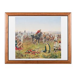 Framed color print of a Charlie Russell work  “Single Handed” showing a Canadian Mountie making  an