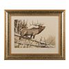 Image 1 : Framed hand signed etching on rag paper of elk by  wildlife artist, Mike Stidham, approx. 14” x 17”.