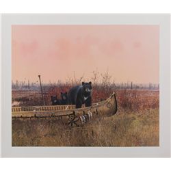 Color print by Michael Coleman of bears raiding a  fishing camp, approx. 22” x 25”; Coleman’s work i