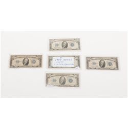 Lot of 5 1934 Series U.S. $10 Silver Certificates,  various conditions.   Est.:  $75-$150.