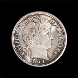 A 1914-D U.S. Barber Dime, appears to be Gem BU  with nice golden toning.   Est.:  $85-$190.