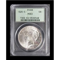 U.S. Peace Silver Dollar dated 1926-S, PCGS-graded  MS63.   Est.:  $50-$100.