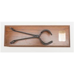 Pair of tongs or tool for handling hotshot used by  Artillery in Civil War nicely framed and mounted