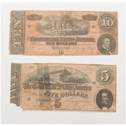 Two Confederate promissory notes (Similar to  modern currency) in $10 and $5 denominations. $10  not