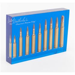 Weatherby Cartridge display in Lucite block; 9  cartridges ranging in size from .224 caliber to  .46