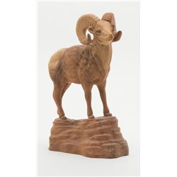 Hand carved wood image of a horned mountain ram  approx. 11” tall, 8” long and 4” wide, nicely  acco