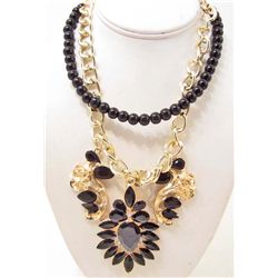 BLACK RHINESTONE FLORAL ESTATE JEWELRY NECKLACE