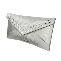 ^Brand New Michael Kors Large Jet Set Travel Jeweled Leather Metallic Clutch
