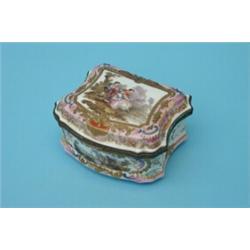 A German porcelain Meissen style bombe front casket, the hinged lid painted with children fishing...