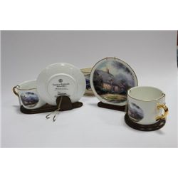 THOMAS KINKADE CUPS, SAUCERS AND VASE COLLECTION