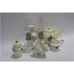 BOX OF OIL LAMPS, BONE CHINA, ETC.