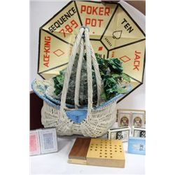 BOX W/ SCRABBLE, CRIB GAMES & CARDS, ETC.