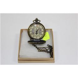 ANTIQUE BRASS/WOOD WIND-UP POCKET WATCH W/ CHAIN