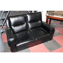 BLACK LEATHERETTE LOVESEAT NO LEGS, SOLD AS IS
