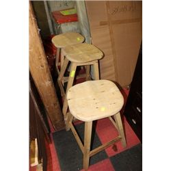 SET OF 3 HAND MADE WOOD SWIVEL STOOLS