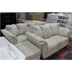 BEIGE MICROFIBRE SOFA LOVESEAT & OTTOMON