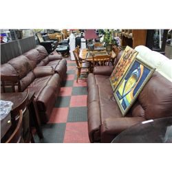 RED LEATHER RECLINING SOFA AND TWO LOVESEATS