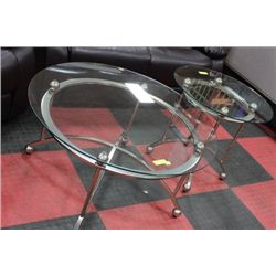 SET OF 2 MODERN NICKEL & GLASS TABLE SET