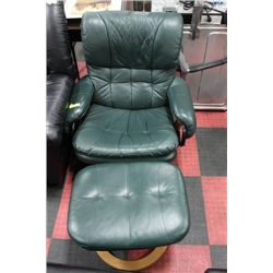 GREEN LEATHER RECLINER W/ OTTOMAN