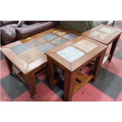 WOOD AND STONE TOP COFFEE TABLE & 2 END TABLES
