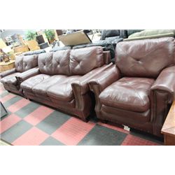 BROWN LEATHER SOFA LOVESEAT & CHAIR